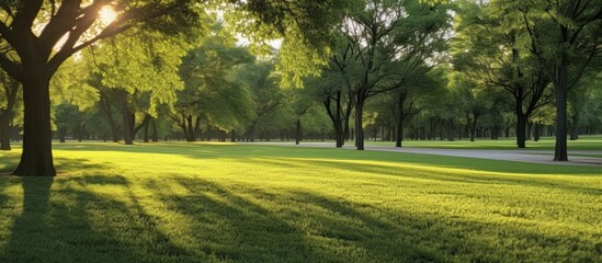 Beautiful morning light in public park with green meadow and fresh green tree plants