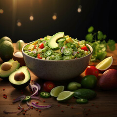 A bowl of freshly made guacamole with a variety of vegetables