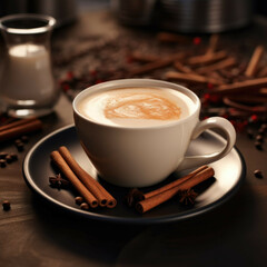 A cup of freshly brewed coffee with steamed milk and a cinnamon stick