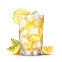 A glass of lemonade with ice cubes and slices of lemon, isolated on white background
