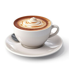 A steaming cup of cappuccino with a swirl of cream, isolated on white background