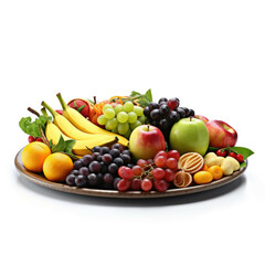 A vibrant and colorful platter of assorted fruits and vegetables, isolated on white background