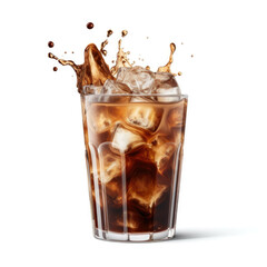 A glass of freshly brewed iced coffee with a splash of cream isolated on white background - obrazy, fototapety, plakaty
