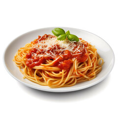 A plate of spaghetti with tomato sauce and freshly grated cheese, isolated on white background