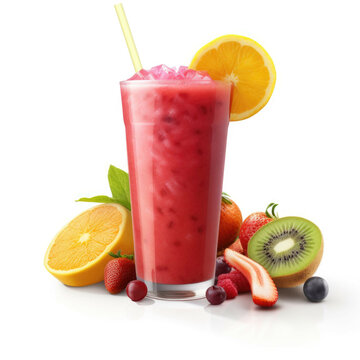 A glass of freshly blended smoothie with a variety of fruits, isolated on white background