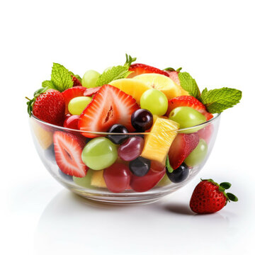 A bowl of freshly made fruit salad with a variety of fruits including apples, oranges, grapes, and strawberries, isolated on white background