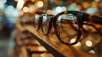 Gleaming Eyeglass Frames Display:  A stylish display of gleaming eyeglass frames, showcasing the intersection of fashion and ophthalmic technology - obrazy, fototapety, plakaty