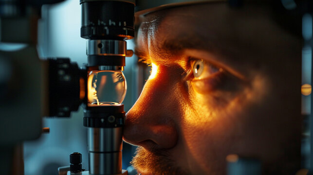Advanced Keratometry Examination:  A patient undergoing an advanced keratometry examination to measure the curvature of the cornea