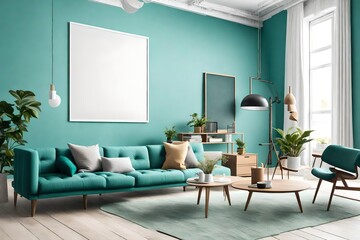 An inviting living room space with a blank frame hanging on a teal wall, surrounded by minimalist furniture in bright and cheerful tones.