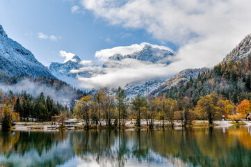 Spectacular view of Lake Jasna and mountains in Julian alps near Kranjska gora in Slovenia
