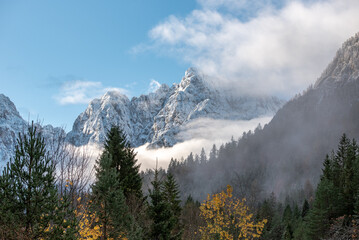 Amazing landscape with snowy mountain peaks in Julian alps near Kranjska gora in Slovenia