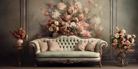 Flowers wallpaper decorated with sofa on the front of decorated wall Aesthetic Elegance Captivating Handpainted Room with Peach and Cream Roses Ai Generative 