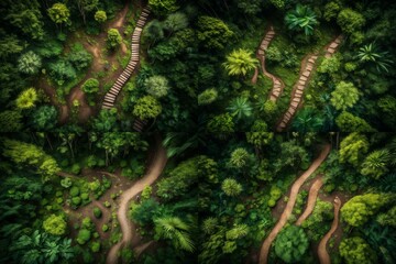 A top view of a hiking trail surrounded by lush greenery, offering an outdoorsy space for an adventurous text.