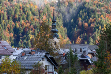 Idyllic townscape of Kranjska gora in Slovenia in autumn