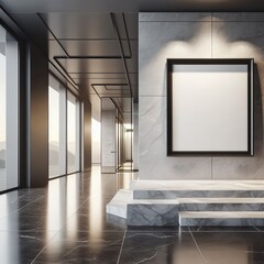 A empty frame hangs on the wall of a hi-tech house, the floor is made of marble slabs and white light mockup