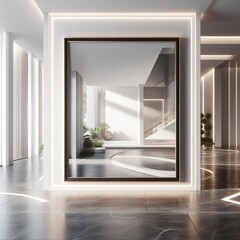 Fototapeta premium A mirror hangs on the wall of a hi-tech house, the floor is made of marble slabs and white light mockup