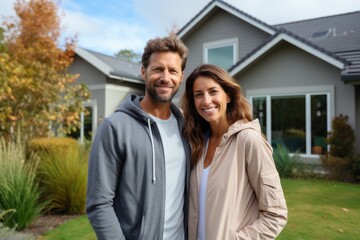 Happy couple standing in front of the house. Proud couple smiling happily standing in front of their new house.