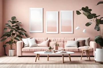 An inviting living room with a white frame on a pale pink wall, featuring a cozy sofa and minimalist furniture in soothing pastel tones.