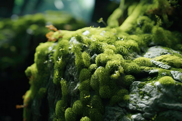 A mossy rock formation, with its vibrant green moss and lichens