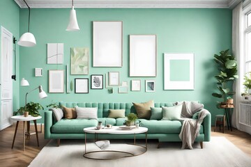 A cozy living room featuring a blank frame on a mint green wall, complemented by simple and modern furniture in bright, solid hues.
