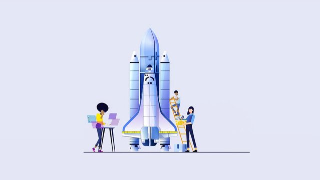 2d Rendered Scene Of Group Of People- Man And Woman Engineers, Technician, Next To The Rocket.