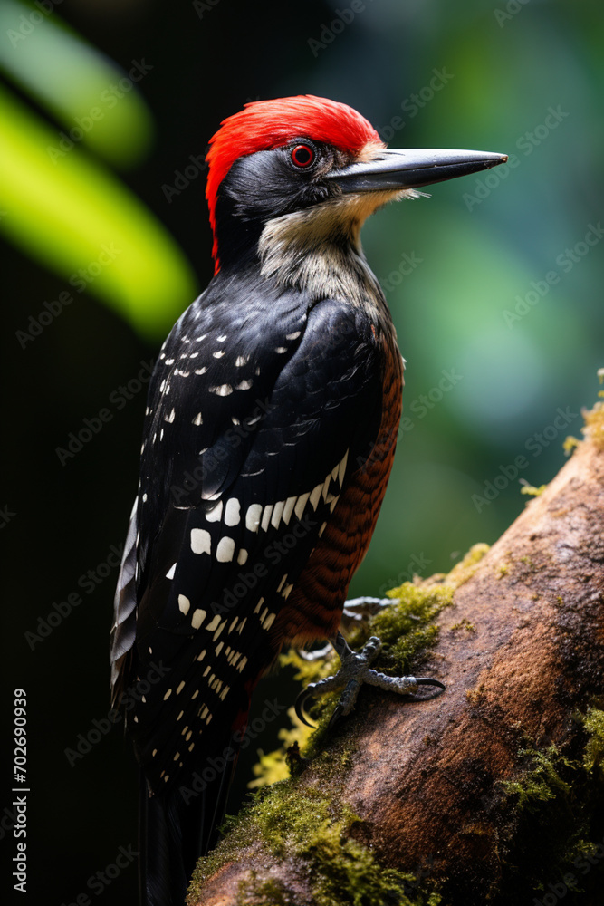 Aufkleber a woodpecker drumming rhythmically on a tree trunk, its distinctive sound echoing through the rainfo