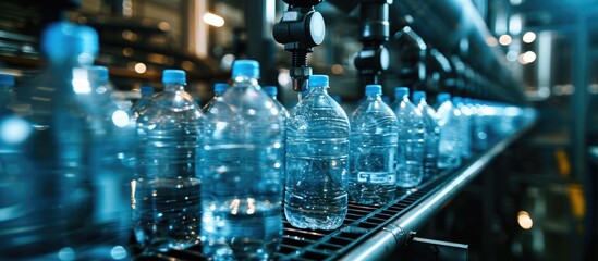 Automated machine pours water into plastic bottles at beverage plant. - obrazy, fototapety, plakaty