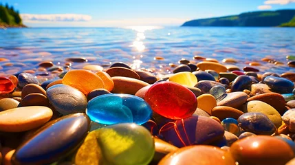 Shiny colorful stones on the beach shore - ai generative © NAVIN
