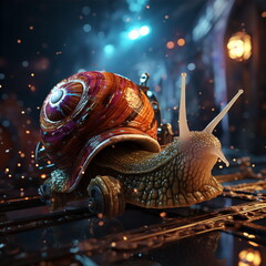 Snail with shell on road in city at night. Wildlife in urban environment concept. AI generated