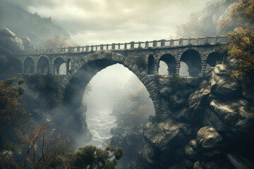 A magical bridge in a foggy landscape, with a mysterious atmosphere - obrazy, fototapety, plakaty