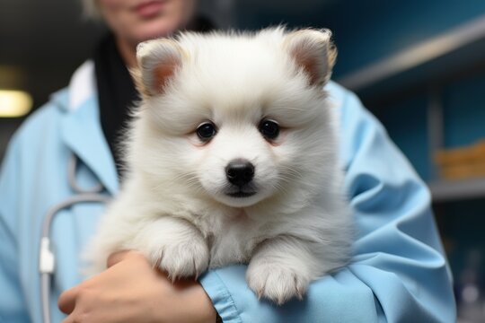 Adorable white puppy in the caring hands of a veterinarian receiving comfort and care during a gentle examination at the animal clinic, pet photography