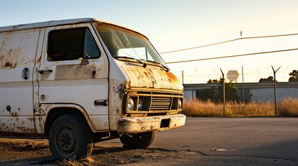 Abandoned van at golden sunset.