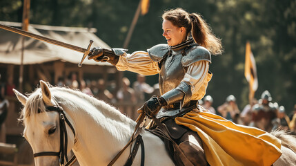 Fototapeta premium Knight lady jousting on horseback.