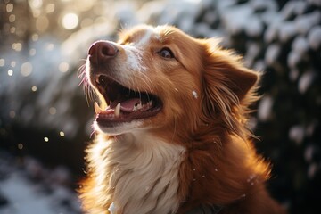 Playful dog excitedly gazes at snow with mouth wide open, pet photography