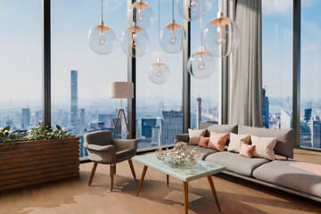 large modern contemporary office with pc workspaces and indoor plants vertical garden; panoramic view rural landscape; sustainability work environment; 3D rendering