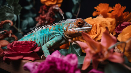 Fototapeta premium An intriguing shot of a pet chameleon showcasing its color-changing abilities while perched on a vibrant bouquet of tropical flowers. Highlight the reptile's adaptability and the exotic beauty of its 