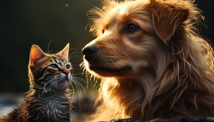 A cat and dog happily embracing the rain, pet photo