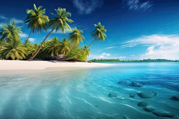 Fototapeta premium A panoramic view of a tropical beach with turquoise waters and palm trees 