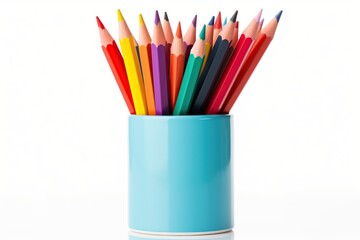 Colorful pencils in pencil box on white background