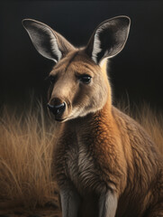 An ultra-realistic photograph of a pet wallaby in a wide, green meadow surrounded by rolling hills, emphasizing the fine details of its fur and the expansive, open atmosphere of its natural habitat.

