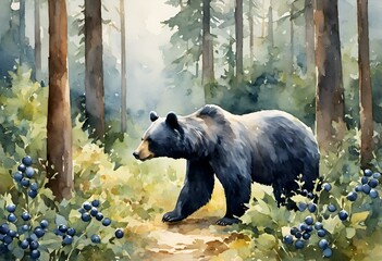 AI generated illustration of a bear in a lush forest in watercolor