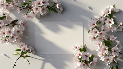 Mockup square white blank card sheet of paper with pink sakura flowers Background. Top View 3D Greeting card mockup. Generative AI