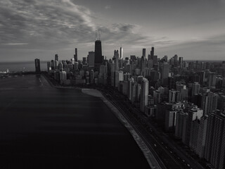 Aerial view of skyscrapers in grayscale