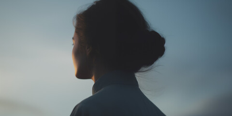 Woman's silhouette with a bun hairstyle against a twilight sky