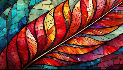 AI-generated illustration of an artistic stained glass mosaic of feathers in shades of red