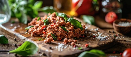 Selective focus on wooden board with minced chicken or turkey, basil, and spices. - obrazy, fototapety, plakaty
