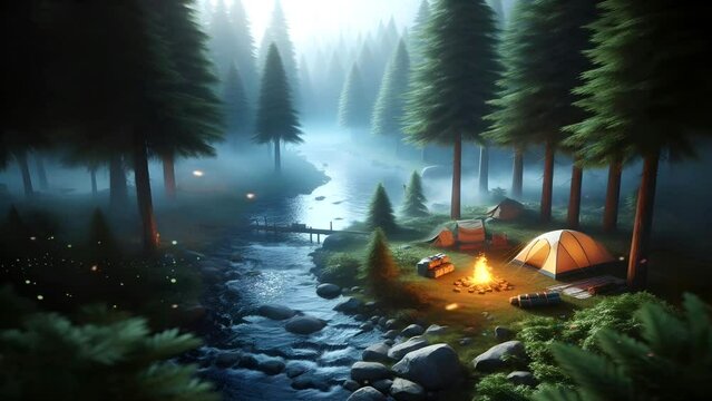 Fantasy view of beautiful misty pine forest with setting up a tent for camping by the river. Nature theme virtual video animation background.