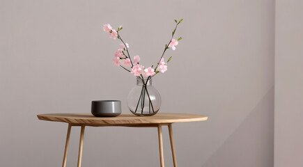 Bouquet of pink artificial magnolia in glass vase on white Ladders Wood Stool, Generative ai