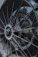 Close-up of a metal tractor wheel in Plentywood, California