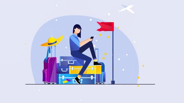 2d Animated Scene Of Woman Sitting On The Pile Of Luggage Browsing Mobile Phone, Red Flag Is Waving In The Wind.